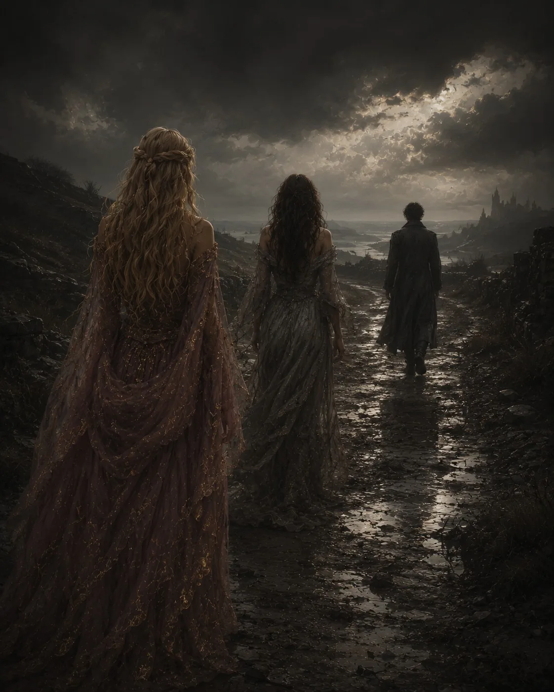 Three fading souls on a road turned gray.