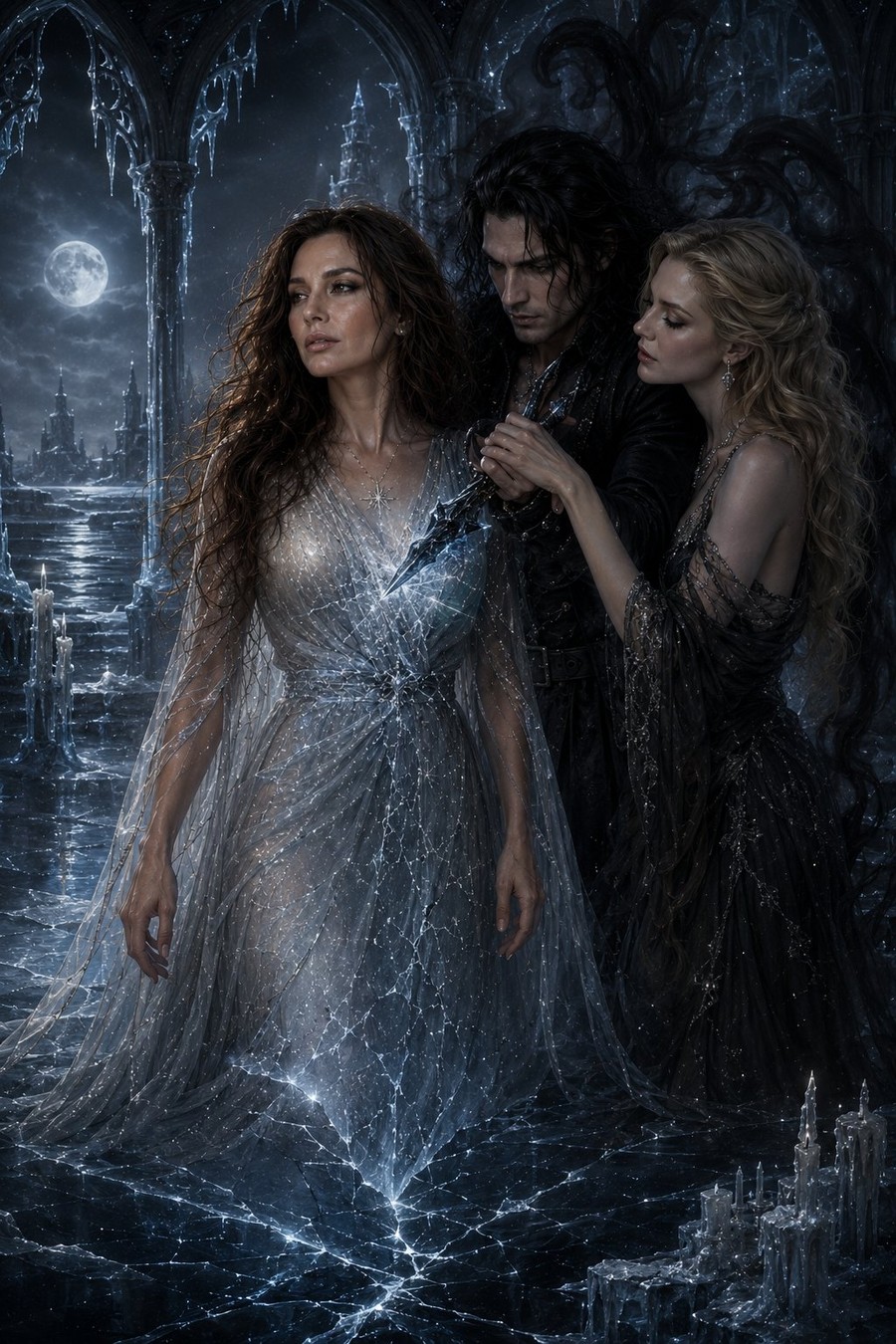 The betrayal blade — the dark-haired man holds it, the blonde betrayer helps him hold it. The wound is shared.