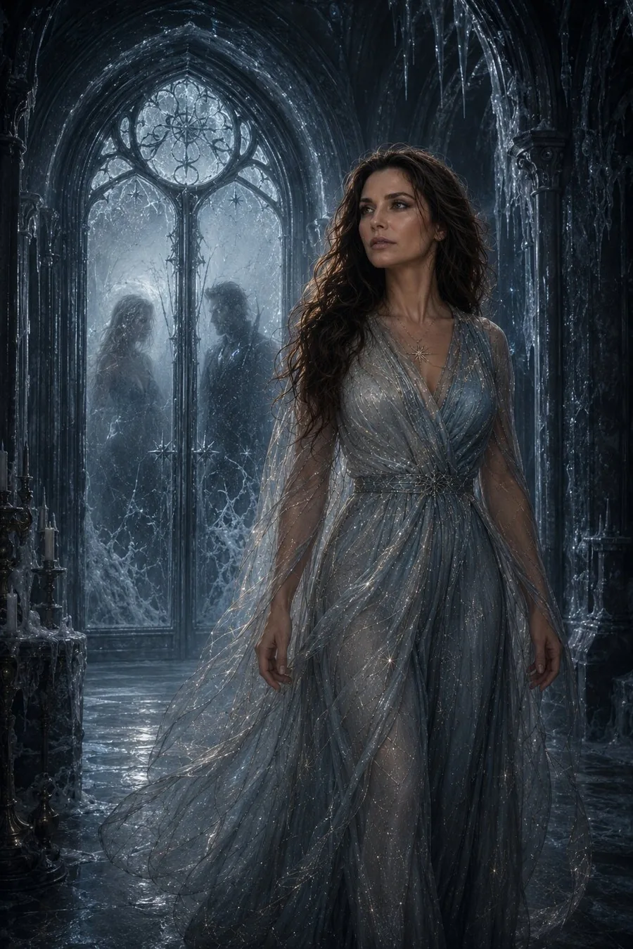 The heroine turns forward as the two betrayers fade behind frozen glass — the final gesture of severance.