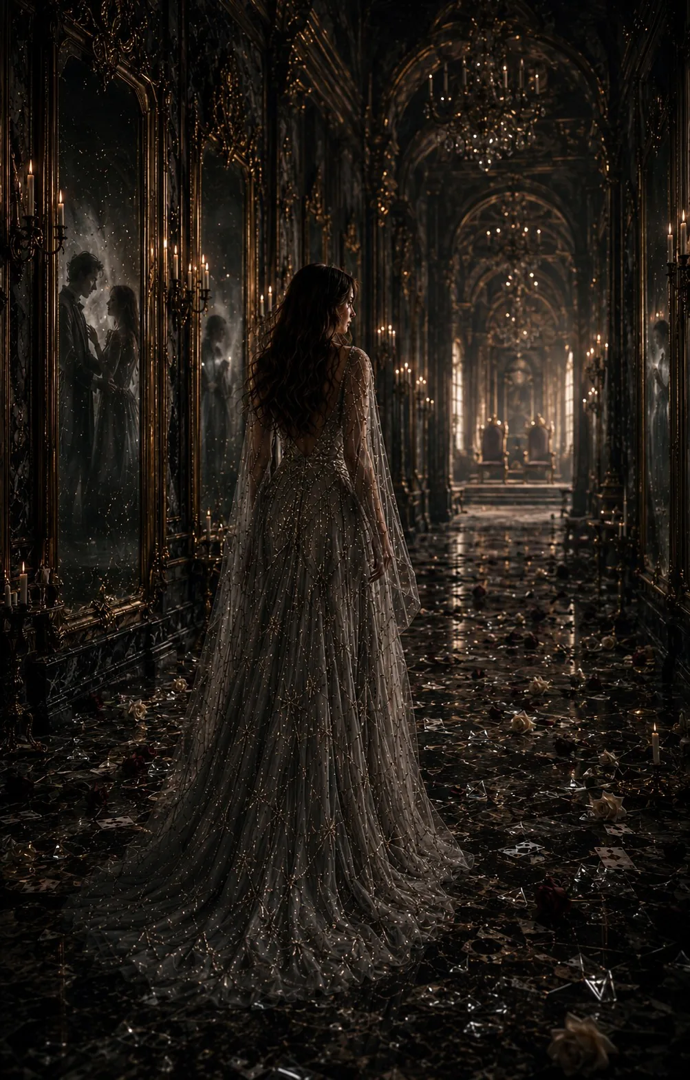 Halls where echoes live — mirrors, ash, and ghostlike reflections.