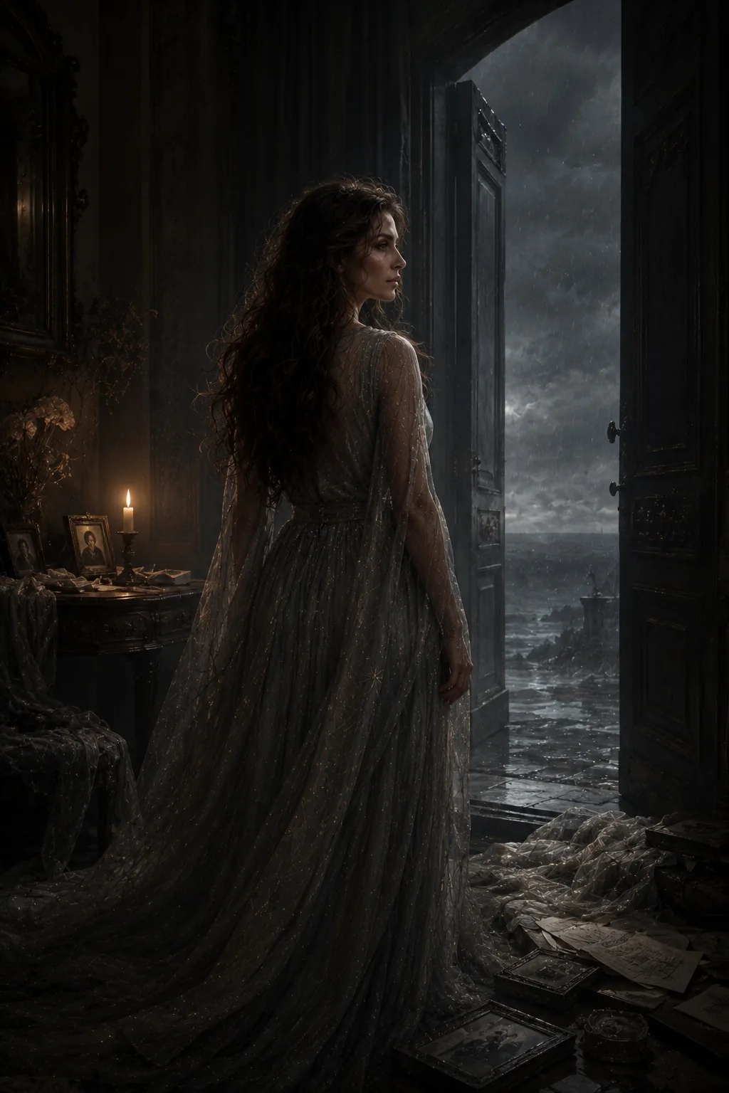 The final door open to gray rain — a candle burning where someone used to stay.
