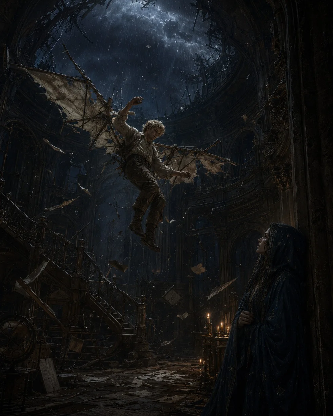 The act of creation — wings tested inside the ruined hall.