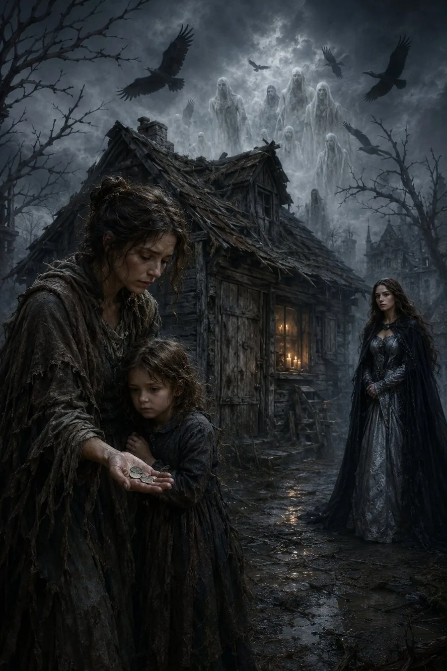The fragile cottage, the last coins, and the first vulture-shadows and phantoms gathering above.