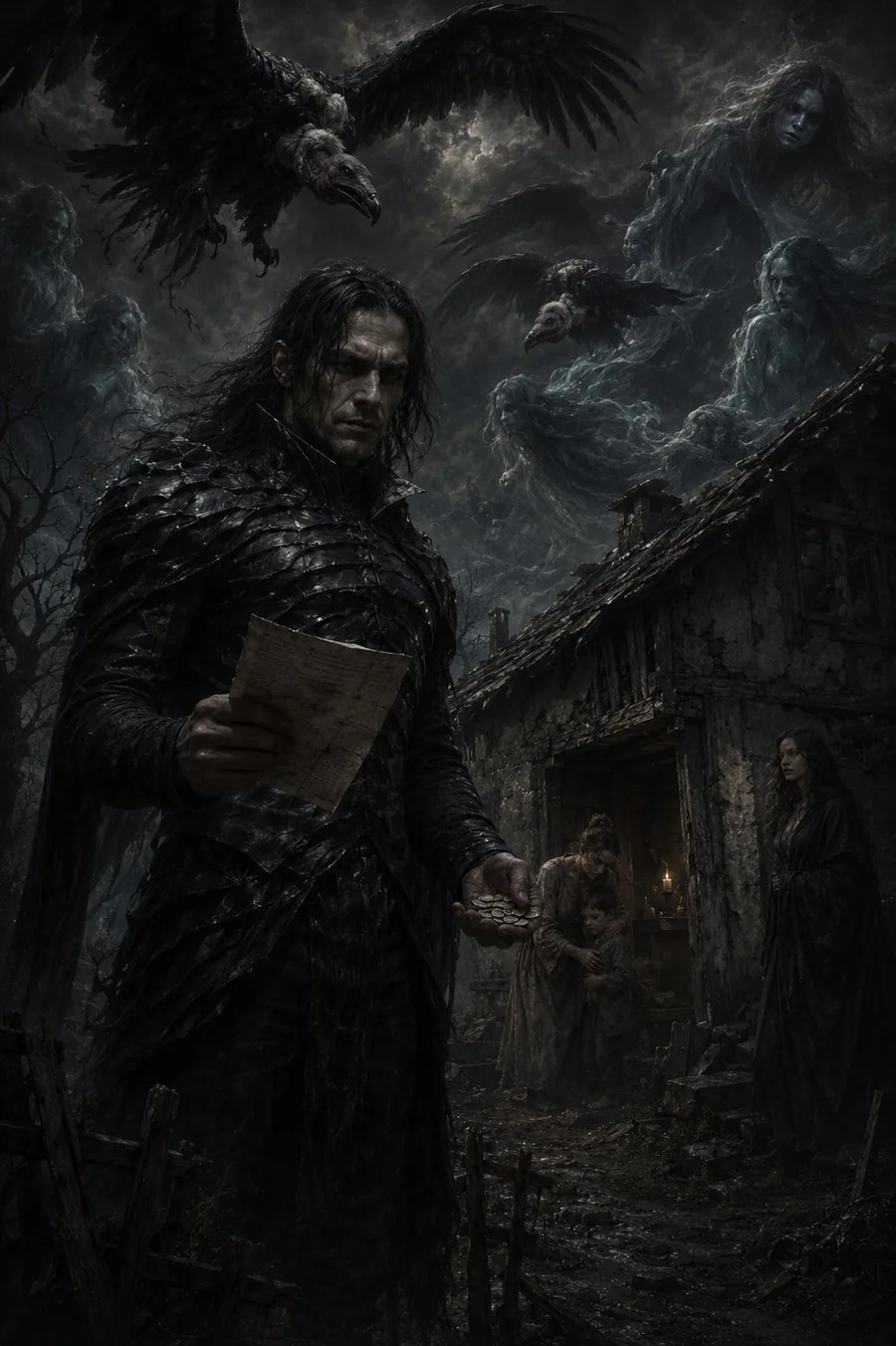 The man in the black shell — the moneylender hardened into part of the darkness, vultures circling.