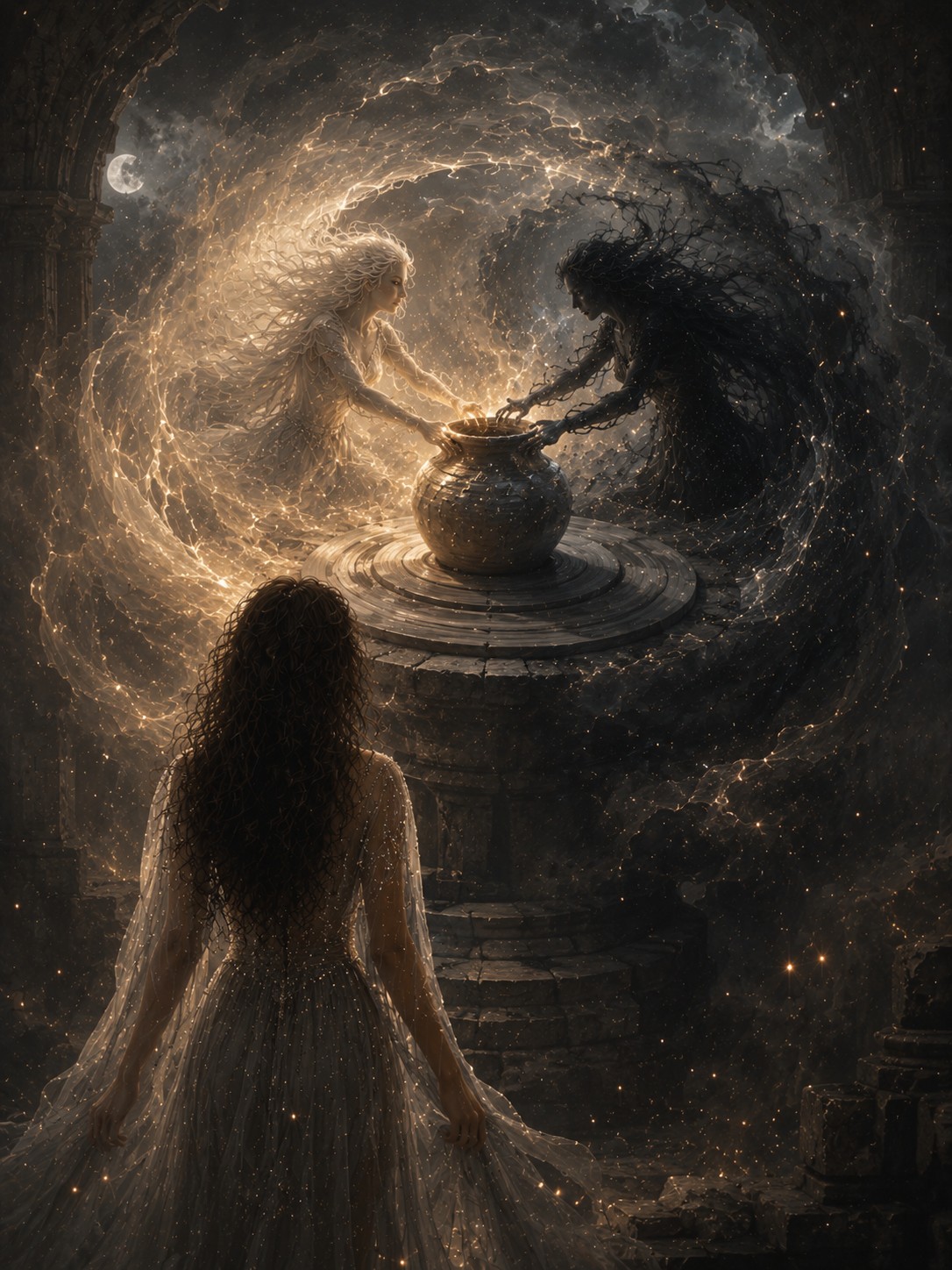Light and Darkness pour their currents into one vessel as the Soul watches.