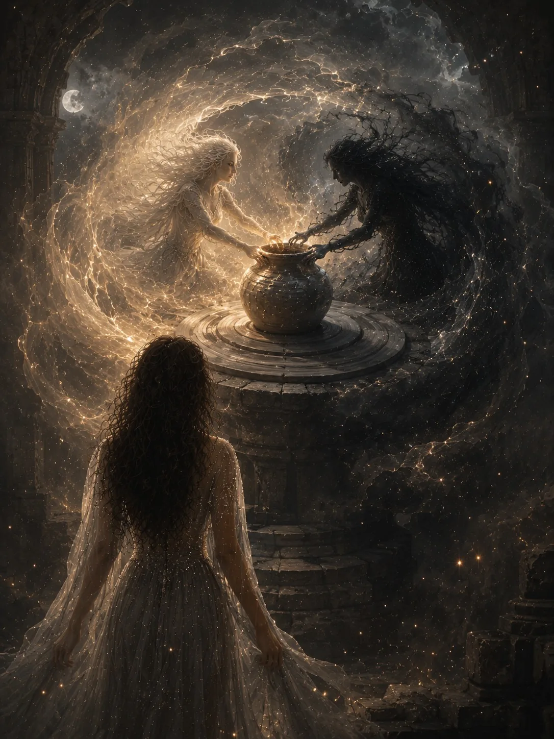 Light and Darkness pour their currents into one vessel as the Soul watches.