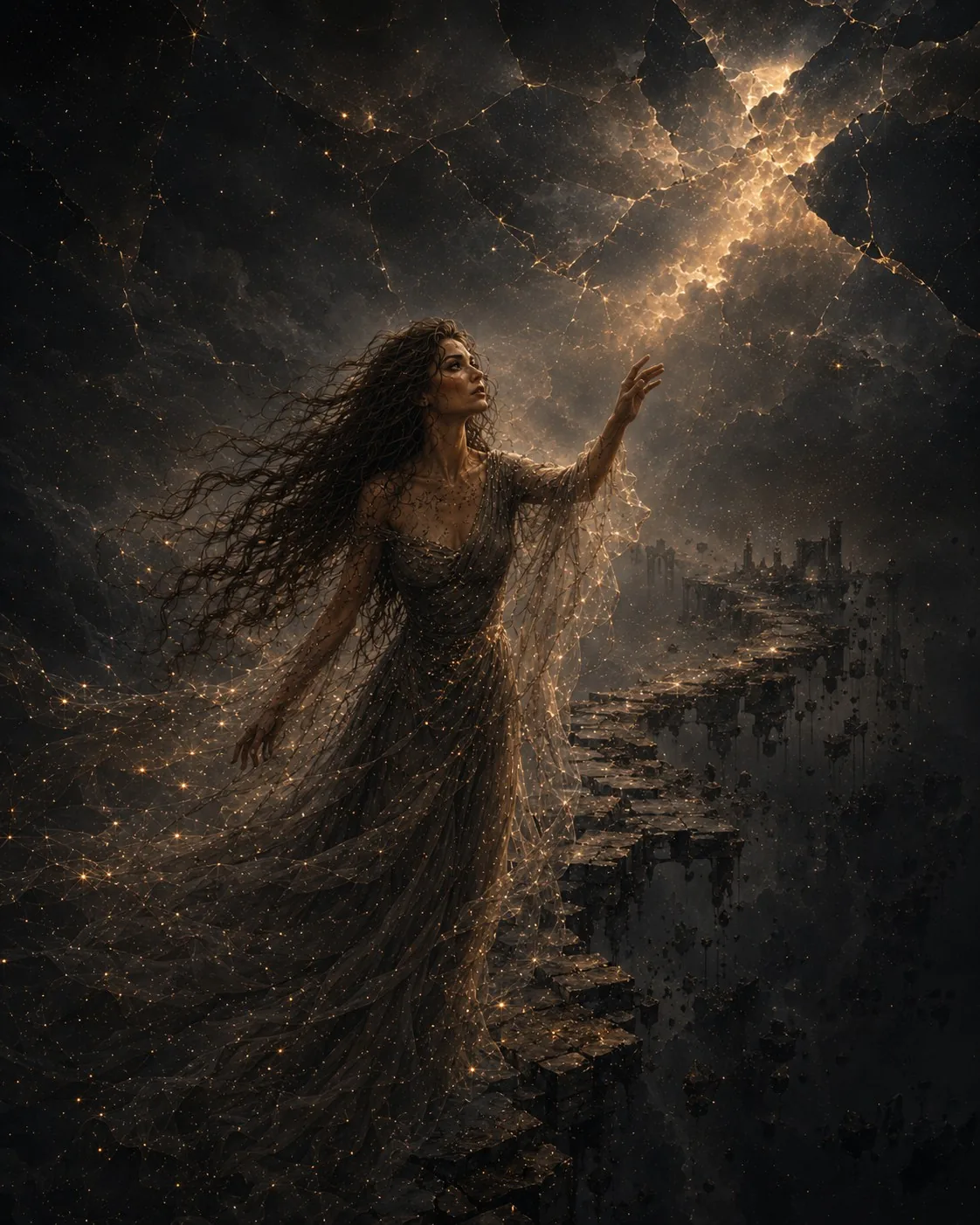 The road behind her breaks into darkness. The gesture is farewell.