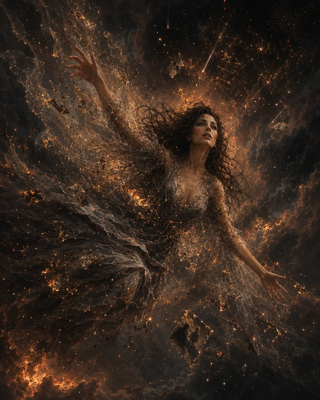 The fall becomes visible — fire, broken constellations, the first violence of becoming real.